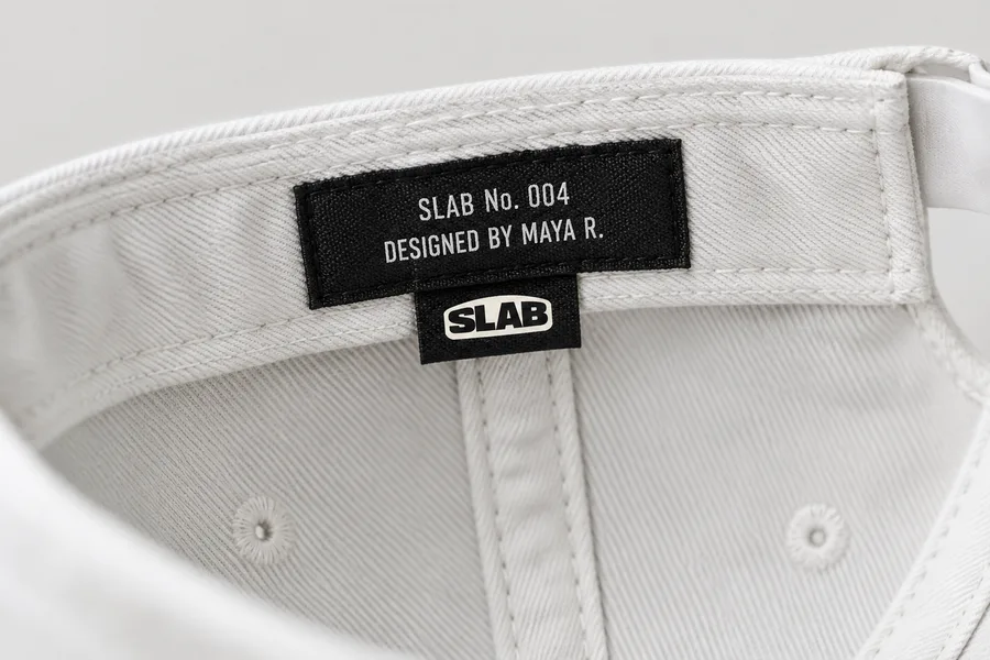 The inside label: SLAB No. 004, designed by Maya R.